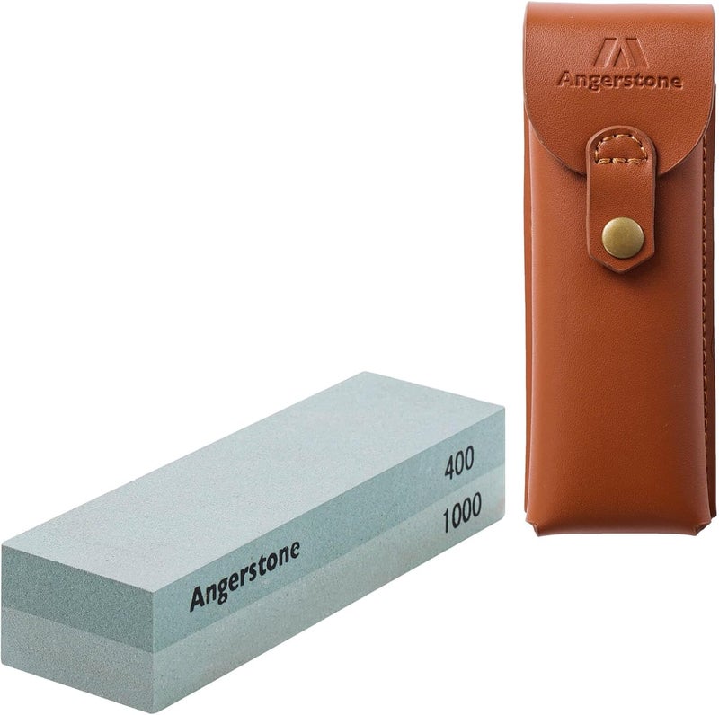 Angerstone Portable Whetstone Knife Sharpening Stone - Outdoor Hunting Knife Sharpener Stone Kit Dual Grit 400/1000 - Pocket Sharpening Stones for Knives with Cowhide Pouch for Bushcraft Camping Field - Image 1